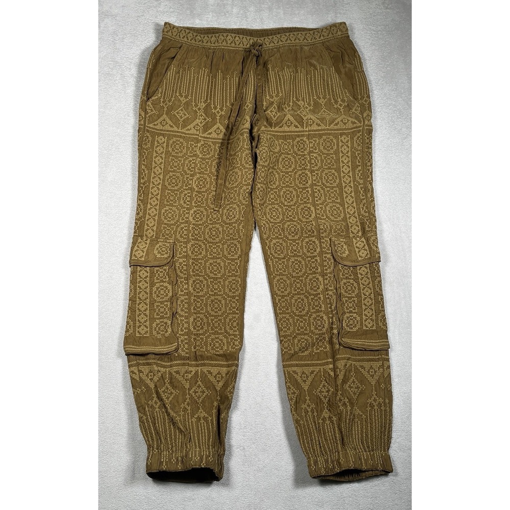 Johnny Was Boho Embroidered Jogger Cargo Utility Pants‎ Brown Silk Blend Size S